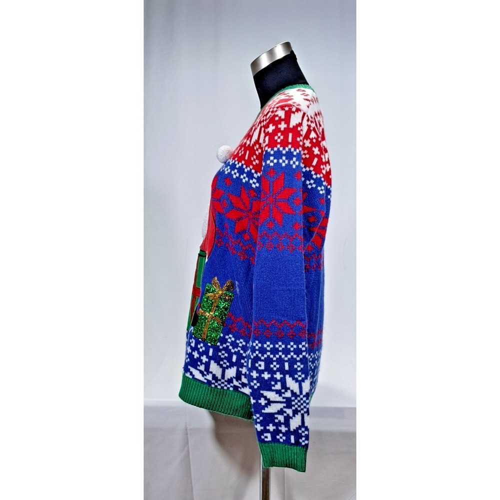 Jolly Sweaters Mens Medium Ugly Christmas Sweater Santa Sunglasses Sequins Blue‎ - Picture 7 of 7